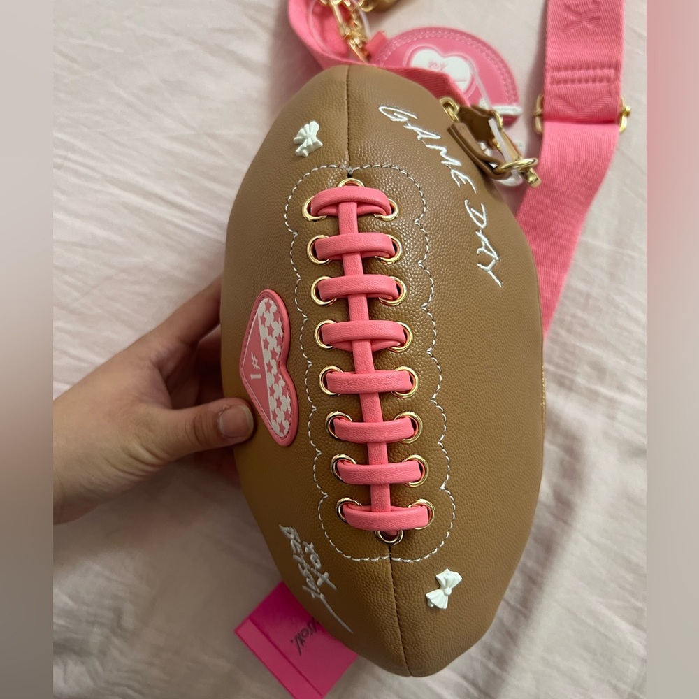 Betsey Johnson Pink and Brown Game Day Coquette Football Crossbody Bag - Picture 2 of 7